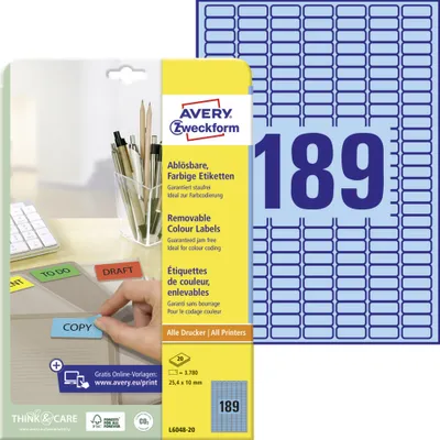 Produktbild von Avery Zweckform L6048-20 Farbige Etiketten, ablösbar, A4, 25,4 x 10 mm, 20 Bogen/3.780 Etiketten, blau