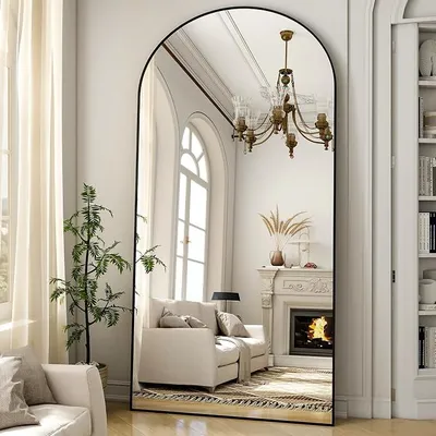Produktbild von Ganzkörperspiegel 200x90 cm, Bogenförmiger Standspiegel mit Aluminiumrahmen – Bodenspiegel und Wandspiegel zum Stehen, Anlehnen oder Hängen, für Schlafzimmer & Wohnzimmer, Schwarz