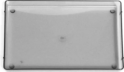 A top-down view of a clear plastic tray with dark gray rubber feet.