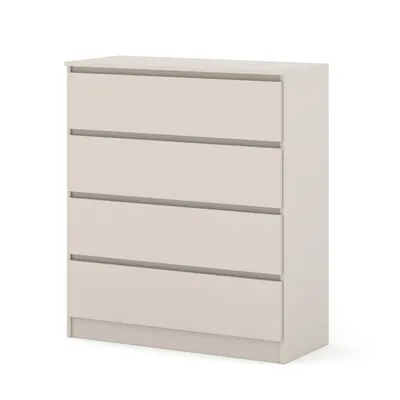 A beige chest of drawers with four drawers, shown from the front on a white background.