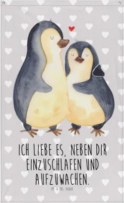 Produktbild von Mr. & Mrs. Panda Gobelin Pinguine Einschlafen - Grau Pastell - Geschenk, Freund, Freundin, Valentinstag, Boho Wandteppich, Tapestry, Hängedeko, Hochzeitstag, Wandbild