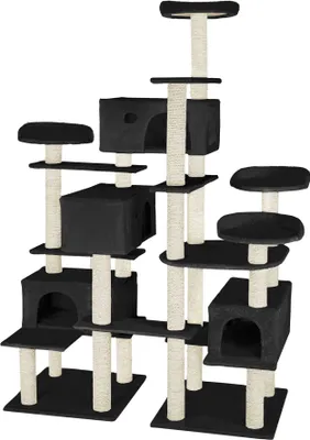 A multi-level cat tree with scratching posts and platforms.