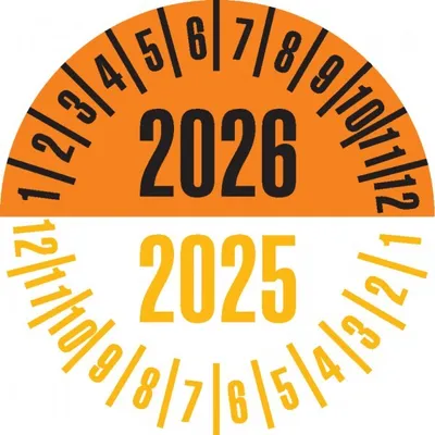 Produktbild von Dreifke® Prüfplakette 2027/2026, orange/gelb, Dokumentenfolie, Ø 25mm, 21 St/...
