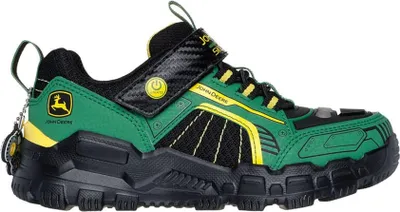 A single green and black John Deere sneaker for children.