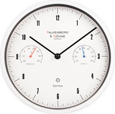 A white analog clock with a thermometer and hygrometer.