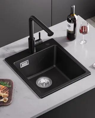 Produktbild von Spülbecken küche 40x45cm, Spüle Granit Eckig Küchenspüle mit Siphon | Spülbecken Schwarz, Spüle Schwarz, Waschbecken Küche Rechteckig, Einbauspüle Mit 2 Hahnlöcher, Granitspüle