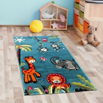 Produktbild von 3D Kinderteppich mit Zootieren in blau Größe - 80 x 150 cm
