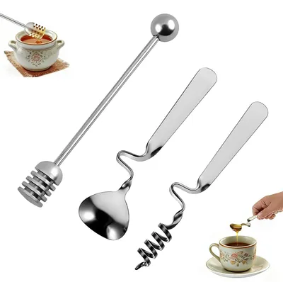 Produktbild von Honiglöffel Set - 3 Stück Edelstahl Spiralhoniglöffel - Für Honig Marmelade Joghurt Sirup und Desserts