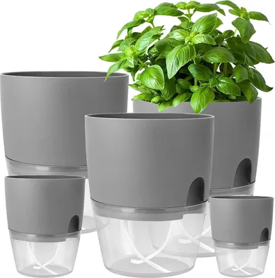 Image de iDattel Pot d'herbes aromatiques auto-irriguant Set de 5 pour la cuisine et le rebord de fenêtre, 15.3/10.5/8.2cm, Gris
