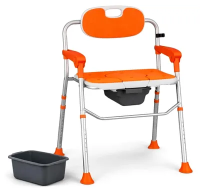 Produktbild von Duschstuhl und Toilettenstuhl 2 in 1 bei Mobilitätseinschränkungen - höhenverstellbar, faltbar, 48 cm breit, robust und rutschfest - Nachtstuhl mit Eimer, Armlehnen und Rückenlehne