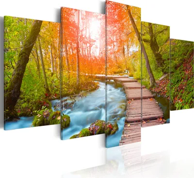 Produktbild von Modernes Wandbild c-A-0081-b-p (100x50) - 5 Teilig Bilder Fotografie auf Vlies Leinwand Foto Bild Dekoration Wand Bilder Kunstdruck WALD LANDSCHAFT NATUR FLUß BRÜCKE