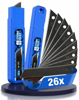 Produktbild von Cuttermesser Klingen 18 mm – 26x Ersatzklingen in Schwarz – SK5 Kohlenstoffstahl – Abbrechklingen Extra Scharf – Kompatibel mit Cuttermesser, Teppichmesser