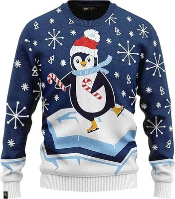 Produktbild von JAP Christmas Eislaufender Pinguin - Lustiger Hässlicher Weihnachtspullover Für Damen und Herren Ugly Christmas Sweater - Blau - M