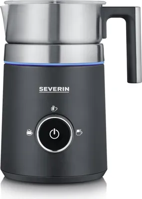 A close-up studio shot of a black Severin milk frother with a stainless steel top.