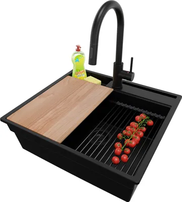 Produktbild von PRIMAGRAN Granitspüle Alles Schwarz 58x53cm, Spülbecken 1 Becken + Ablauf-Set + Küchenzubehörset, Küchenspüle ab 60er Unterschrank - Oslo Pocket