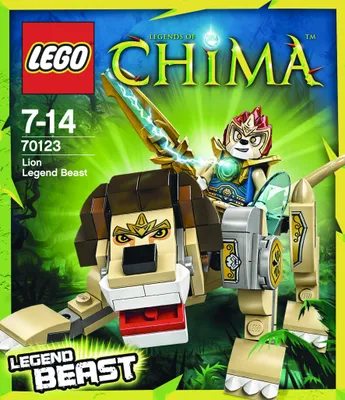 The image is the box art for a Lego Legends of Chima set, featuring a lion legend beast with a rider.