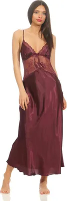 Obrázok produktu pre Dámska dlhá saténová nočná košeľa Spodné prádlo + G-string, Aubergine/S