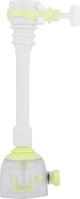 A white faucet extender with green accents is shown against a white background.