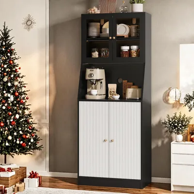 Image de Armoire de cuisine avec éclairage LED et étagère réglable, dimensions 70x40x180 cm, couleur noire