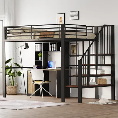 Immagine prodotto di Letto a soppalco Sweiko 140 x 200 Robusta struttura in metallo con ampio spazio sotto il letto e le scale Ideale per bambini e adulti Letto contenitore per la massima efficienza dello spazio