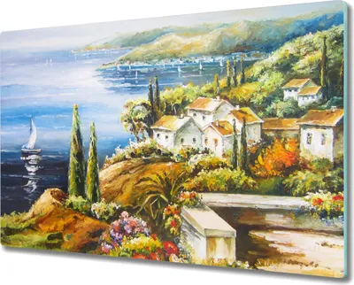 Produktbild von Coloray Herdabdeckplatte 80x52 cm Schneidebrett Kochplattenabdeckung Küchenbrett Hackbrett - Coast Dorf Boote Blumen