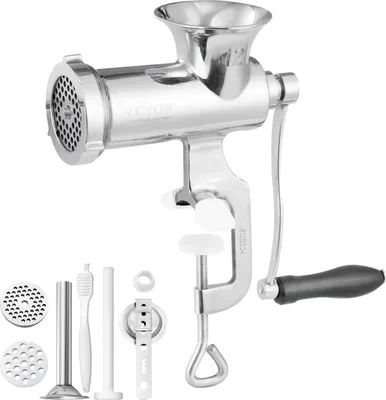 A manual meat grinder with various attachments, displayed on a white background.
