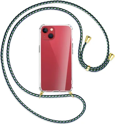 Produktbild von Handykette Backcover-Schutzhülle mit Band (Metall goldfarben) für Apple iPhone 13 - grün/blau/weiß