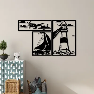 Produktbild von Evila Originals, Lighthouse Trio B, Nachbildungatives Wandaccessoire aus Metall, Schwarz, METALLKÖRPER, 18 x 57 cm