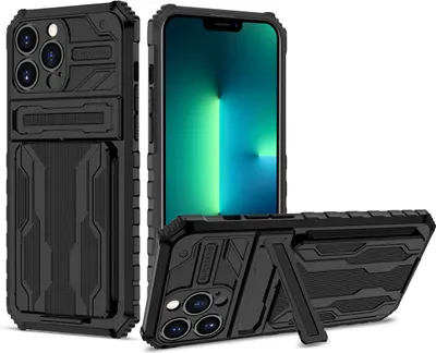 Obrázek produktu pro iPhone 13 Pro Pouzdro, hybridní robustní ochrana pouzdro s držákem karet a stojánkem pro iPhone 13 Pro černé