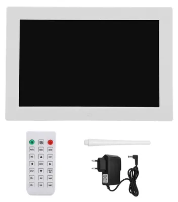 Obrázek produktu pro 12palcový digitální fotorámeček s rozlišením HD 1280 × 800, podporuje přehrávání souborů MP3/MP4 a obrázků (bílý), 100–240 V EU