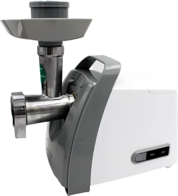 A close-up side view of a white and gray meat grinder against a white background.