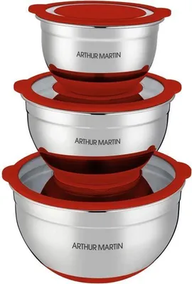 Image de Set de Saladiers Arthur Martin AM032, 16-20-24 cm, Couvercles Hermétiques, Acier Inoxydable, Fond Silicone Antidérapant
