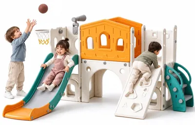 Produktbild von Kinderrutsche Klettergerüst Kletterwand - Grün - Mit Basketballkorb und Kriechtunnel - Platz für Kleinkinder