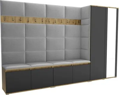 Produktbild von Garderoben-Set Noris V mit Spiegel, gepolsterte Garderobe 290 cm, Flurmöbel mit Wandpaneelen, 12 Haken und Schrank (Farbe: Artisan Eiche/Schwarz + Trinity 32)