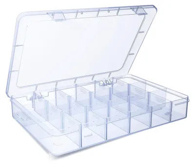 Immagine prodotto di Contenitore trasparente in plastica, con 18 scomparti, impilabile, ideale per gioielli
