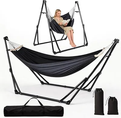Imagen del producto de Hamaca 2 en 1 con estructura plegable. Set de hamaca portátil con bolsa. Hamaca y sillón colgante ajustables para uso en exteriores e interiores, jardín, camping, terraza y balcón. Color: