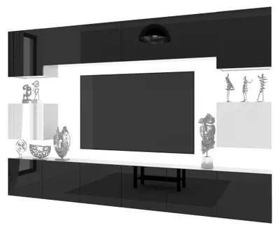 Produktbild von BELINI Wohnwand MILANO 3 Wohnzimmer 300 cm - Weiß/Schwarz Hochglanz, Moderne Schrankwand Set, Anbauwand TV-Schrank Griffloses System