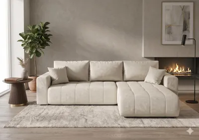 Produktbild von CORNERO Ecksofa LARA mit Schlaffunktion und Bettkasten Couch Sofa L-Form Eckcouch Sofa mit Schlaffunktion Creme Ottomane rechts