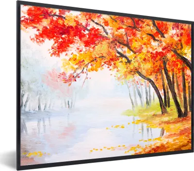 Produktbild von MuchoWow® Gerahmtes Poster Gemälde - Herbst - Bäume - Wasser - Ölfarbe 80x60 cm - Poster mit Schwarzem Bilderrahmen Wandposter Rahmen Foto Bilder - Schwarzem - Mit Gestell