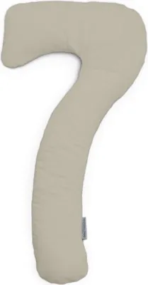 A beige maternity pillow shaped like the number 7.