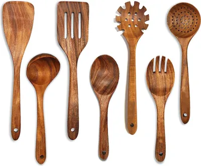 Produktbild von Küchenhelfer Set Küchengerät 7 tlg aus Holz Antihaft Hitzebeständiger Kochbesteck Set Küchenutensilien mit Holzgriff Holzfarbe