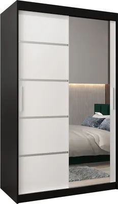 Produktbild von Kleiderschrank, Schiebetürenschrank Schlafzimmer, Schrank mit Spiegel VERONA 2 120 cm, Schwarz Matt + Weiß Matt