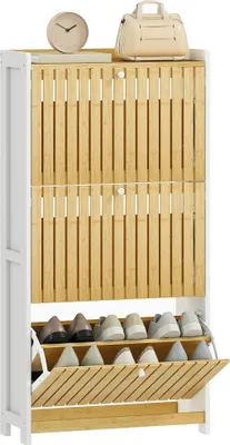 Obrázek produktu pro Botník - Úzký design - 3 bambusová dvířka s lamelami - Nastavitelné police - Na cca 18 párů bot - 60x24x118 cm - Bílá barva