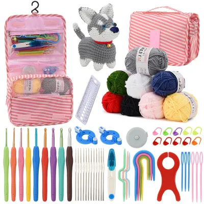 Image de Kit de crochet - 63 pièces - Laine - Crochets de différentes tailles - Accessoires - Sac de rangement - Rose