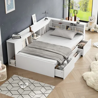 Obrázek produktu pro MODFU rozkládací denní postel 90x200cm se zásuvkami a lamelovým roštem, denní postel z masivu s policí a úložnou skříní, dětská postel pro mládež, bílá (bez matrace)