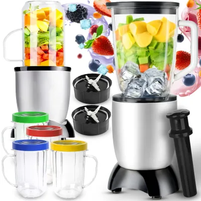 A collage of a blender set with cups, blades, and fruit.