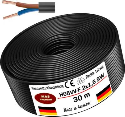 Zdjęcie produktu dla 30m plastikowy przewód węża H05VV-F 2x1,5 czarny elastyczny przewód urządzenia