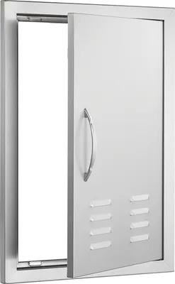 Image de Porte d'accès SucceBuy BBQ, 610 x 431 mm, porte de cuisine extérieure individuelle. Montage encastré en acier inoxydable. Montage mural vertical avec poignée, fentes d'aération et crochets pour îlot et station de grillade