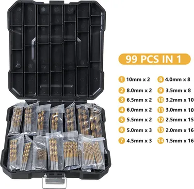 Obrázek produktu pro 99dílná sada spirálových vrtáků s rovným dříkem, sada bity z rychlořezné oceli s titanovým povlakem, příslušenství pro děrování a vrtání, vrtáky s úložným boxem