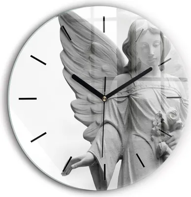 Produktbild von Wallfluent Große Wanduhr – Stilles Quarzuhrwerk - Uhr Dekoration Wohnzimmer Schlafzimmer Küche - Zifferblatt mit Striche - schwarze Zeiger - 60 cm - Alte Engelsskulptur